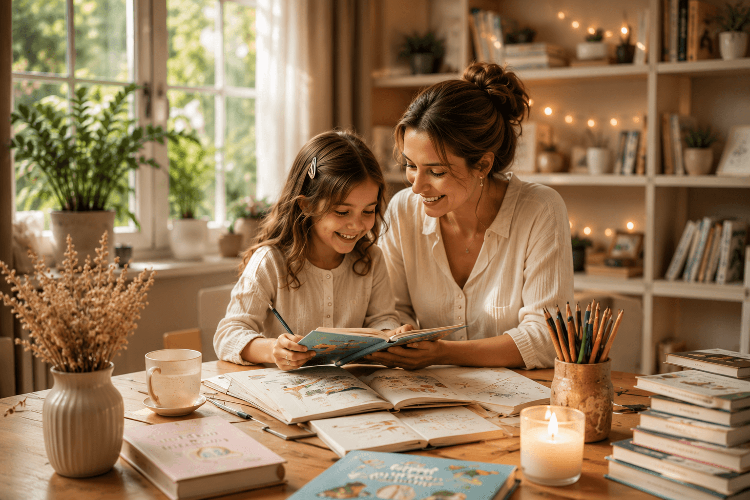 Woman and child reading together at a table with books and a candle in a cozy room.