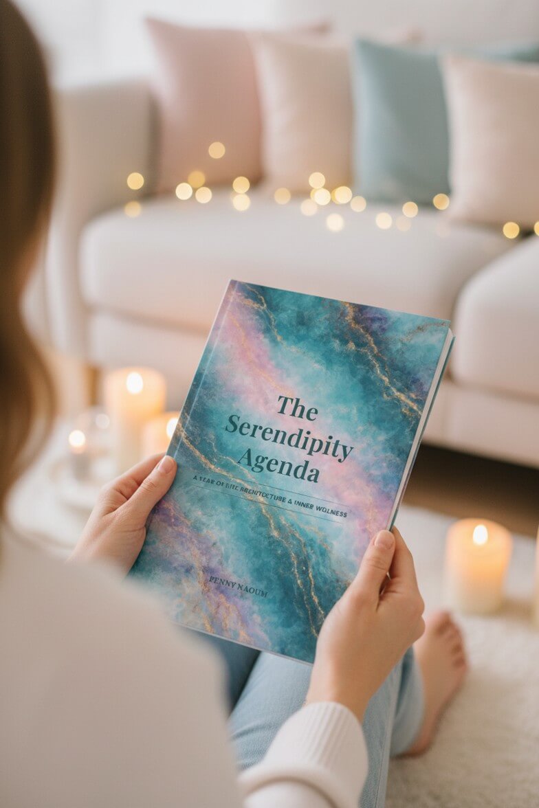 A woman holding a book titled 'The Serendipity Agenda' in a cozy living room setting.