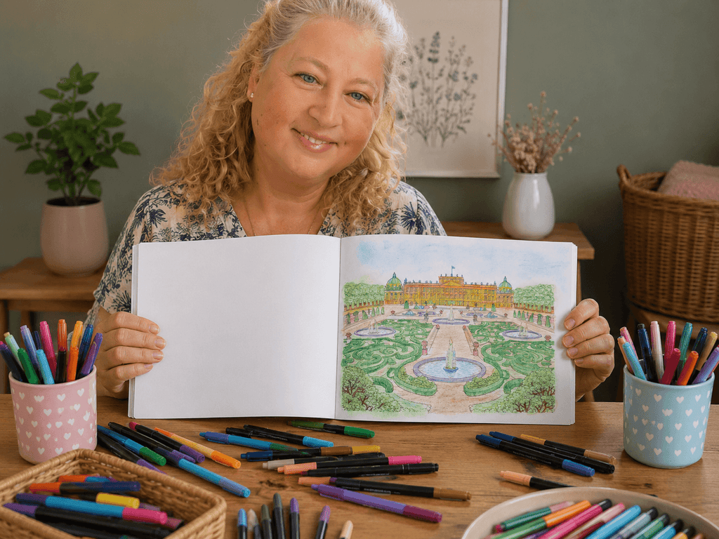 Blonde middle-aged woman holding a coloring book with a garden illustration, surrounded by coloring supplies on a table.