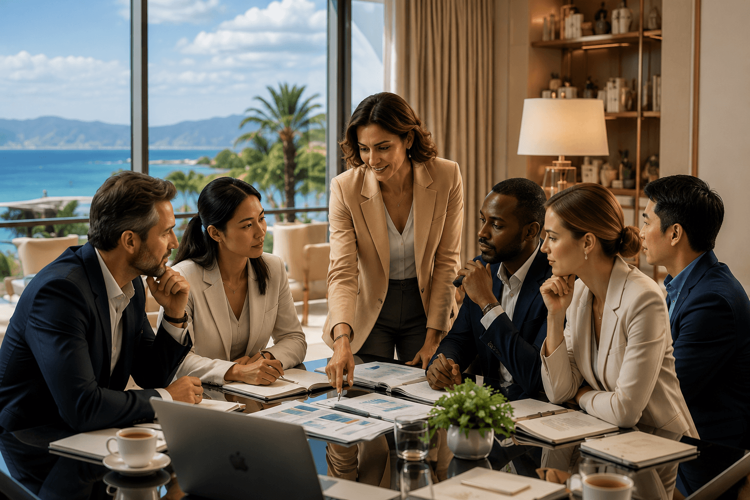 Group of professionals in a meeting with ocean view having a strategy meeting