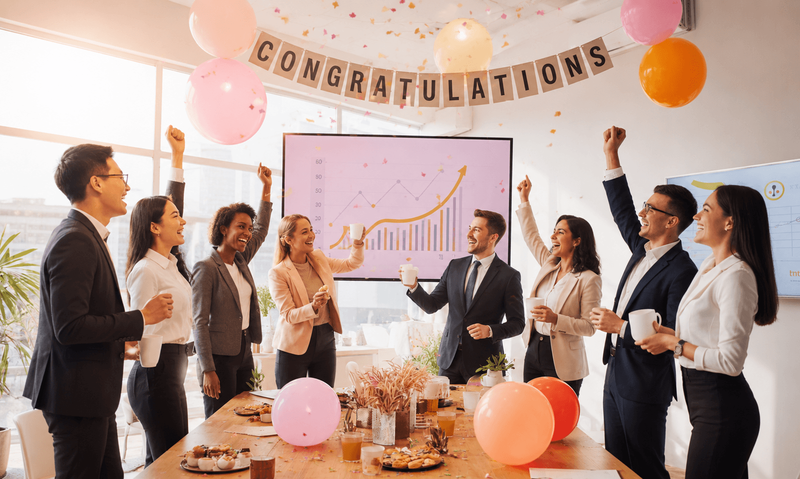 Group of people celebrating with balloons and a 'Congratulations' banner in an office setting.