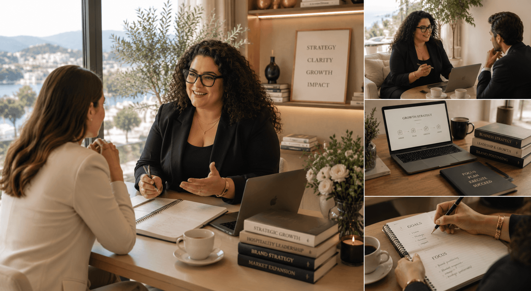Collage of a woman in various professional settings, offering one-to-one strategic mentoring, executive advisory sessions and personalised growth planning for founders and business leaders.