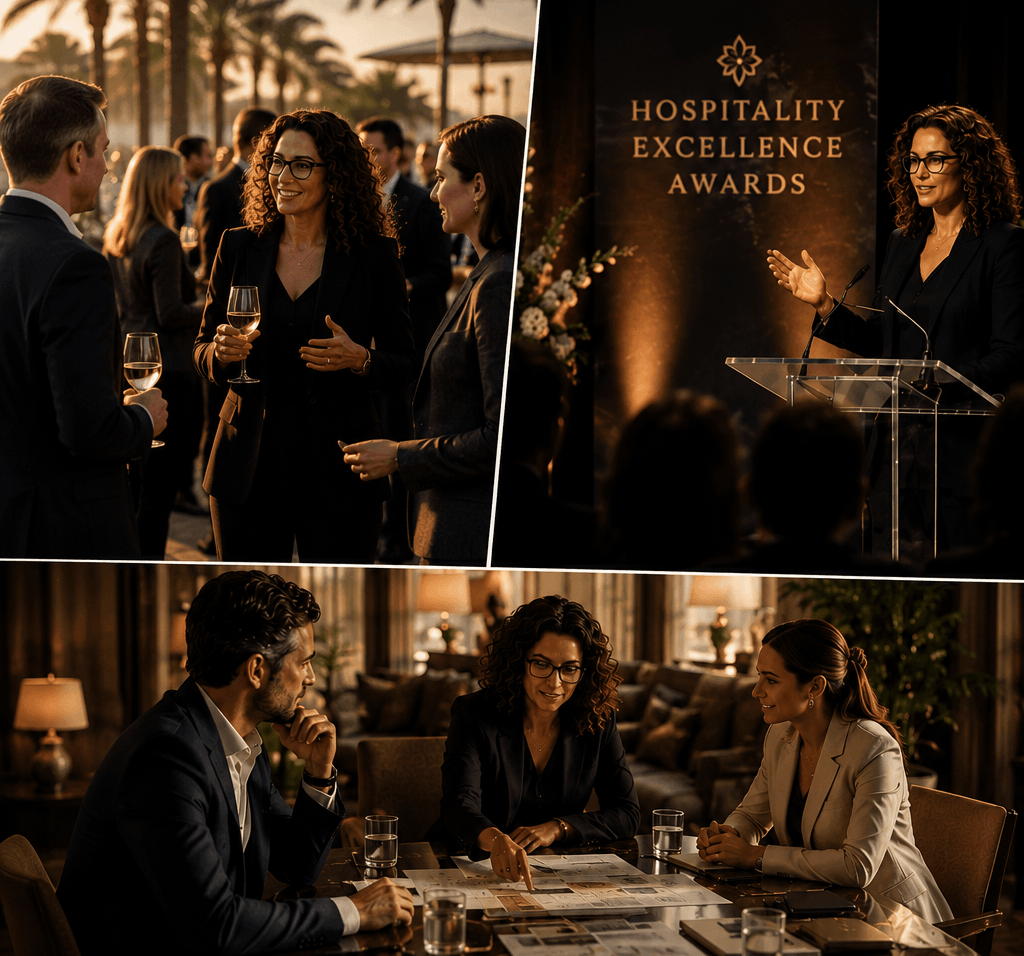 Collage of people at an event, a woman giving a speech at the 'Hospitality Excellence Awards', and two people sitting at a table.
