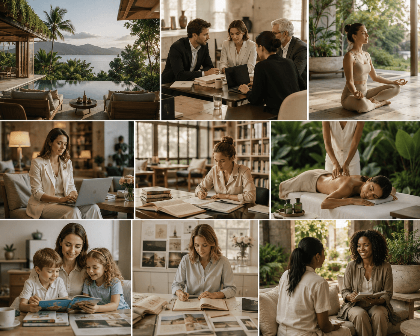 Collage of various scenes including a poolside, office, yoga session, and family activities.