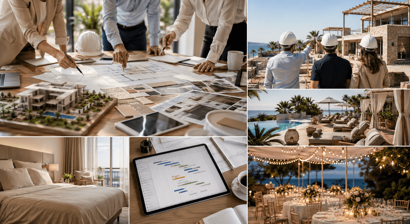 Collage of images showing hospitality pre-opening planning, construction, operations, project management and luxury property launch preparation.