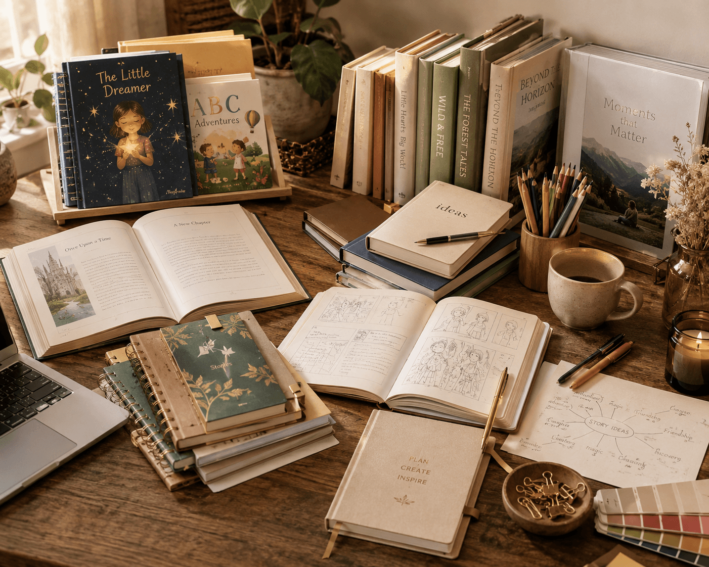 Wooden desk with books, open notebooks, a laptop, and a cup of coffee.