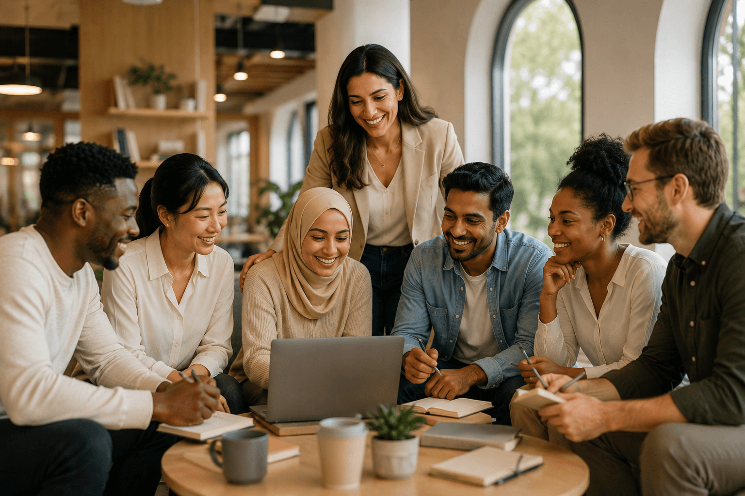 Diverse group of people working together on a laptop in a modern office setting and one woman above explaining something to them.