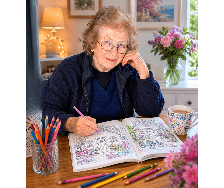 Elderly smiley woman coloring a picture in a coloring book with colored pencils and a cup of tea on a table.
