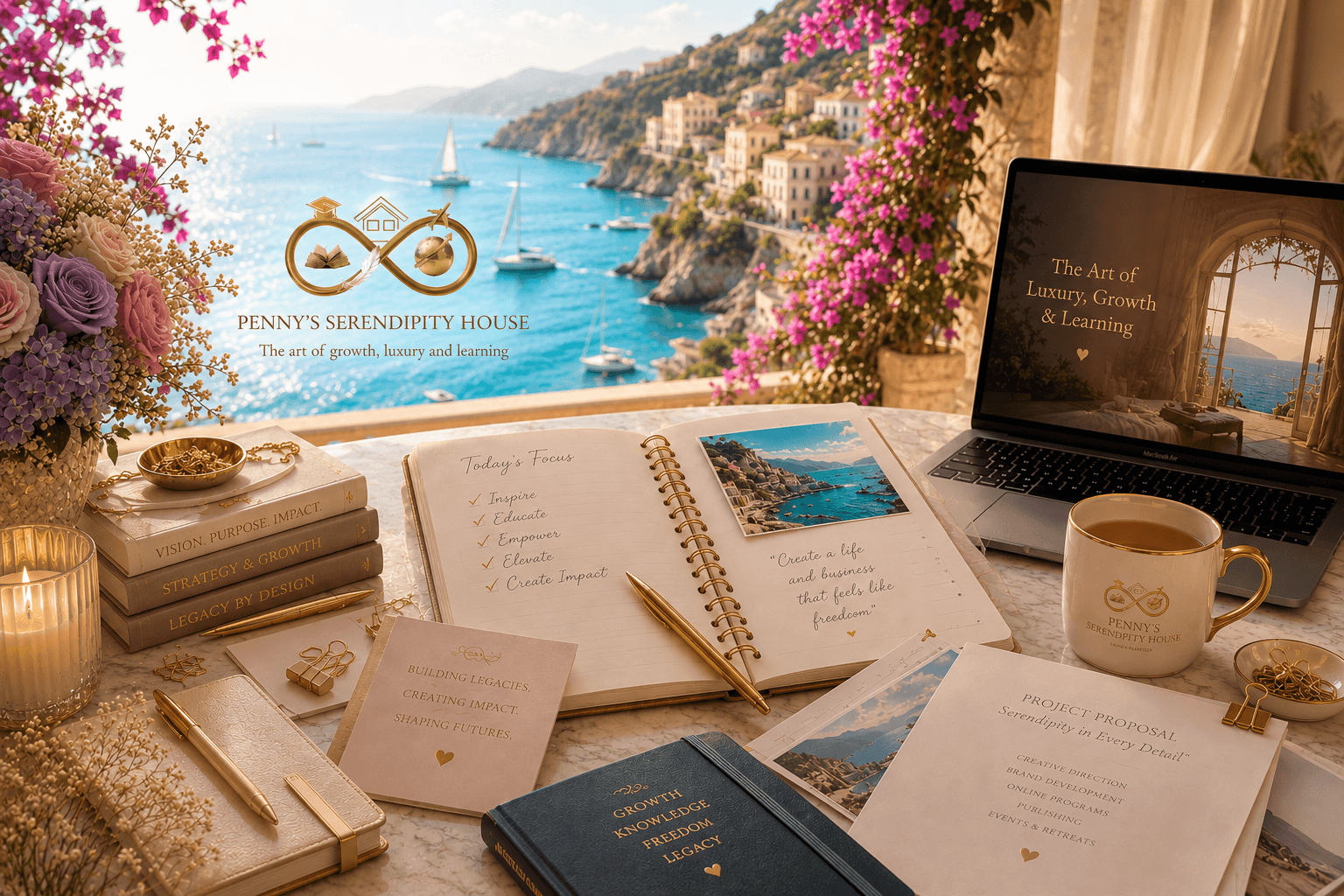 Elegant workspace with books, laptop, and coffee cup with scenic view of a coastal town, featuring Penny's Serendipity House resources, symbolising collaboration, learning and the start of meaningful conversations.