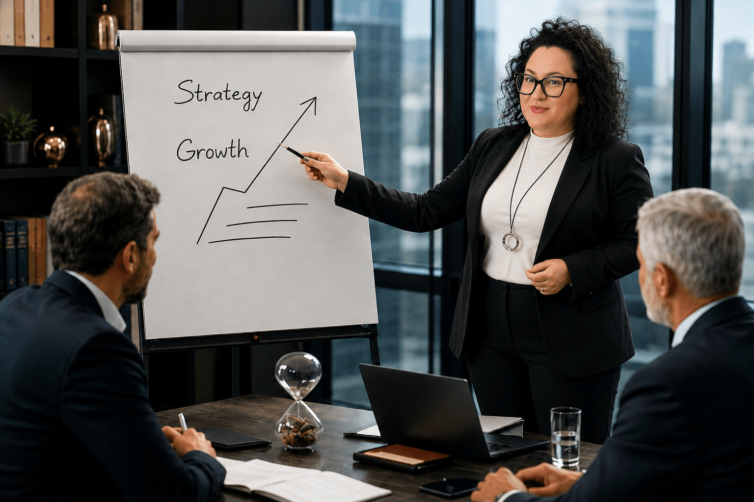Woman (Penny) presenting strategy growth chart to colleagues in a modern office setting