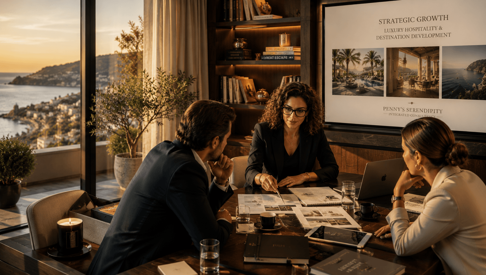 Founder leading a strategic consultancy meeting with hospitality business owners, discussing commercial growth, positioning and long-term business strategy.