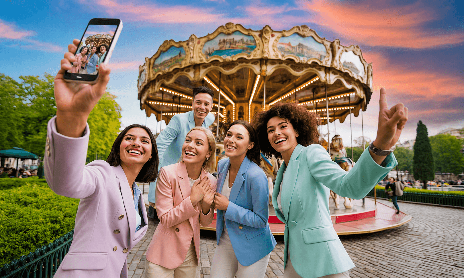 Group of people taking a selfie in front of a carousel with a colorful sky.
