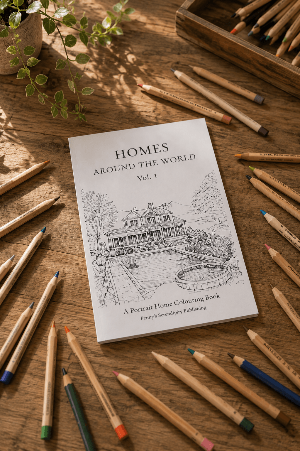Book titled 'Homes Around the World' on a wooden surface with pencils scattered around