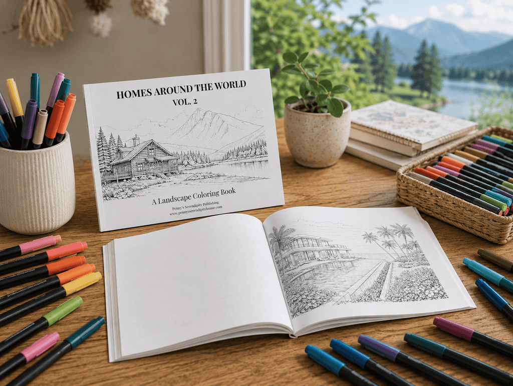 Coloring book titled 'Homes Around the World Vol. 2' on a table with coloring pencils and a scenic view.