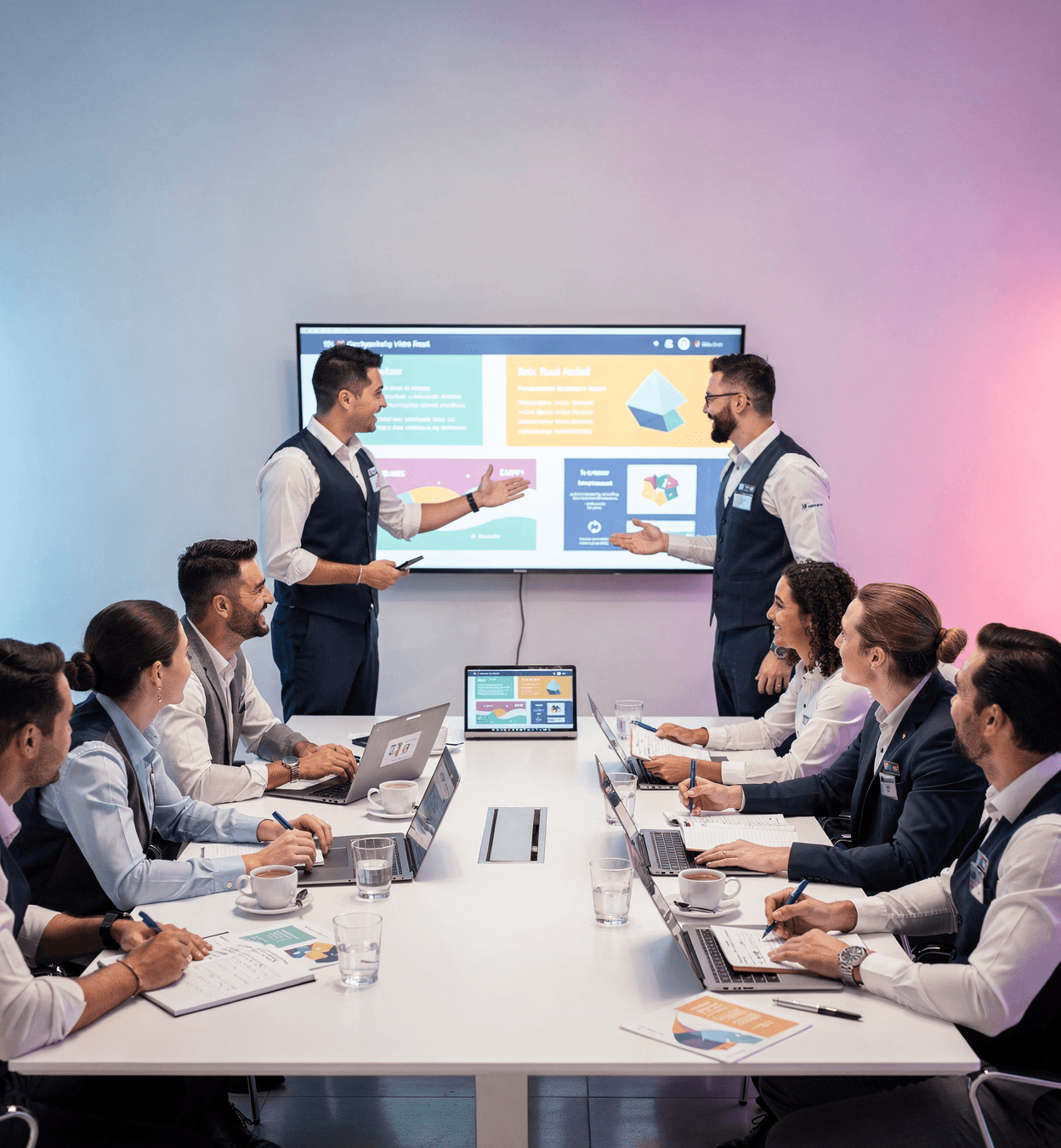 Group of hospitality professionals in a meeting room with a presenter using a large screen, while training them.