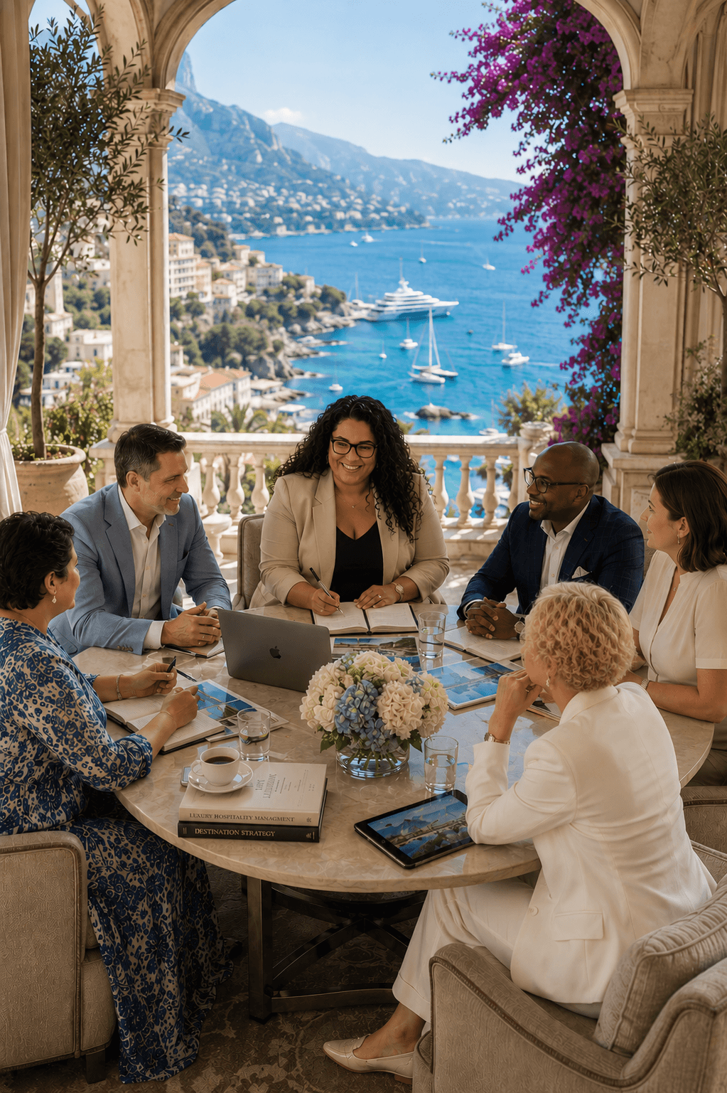 Group of people in a meeting with a scenic view of a coastal town in the background, representing the international team PSH has.