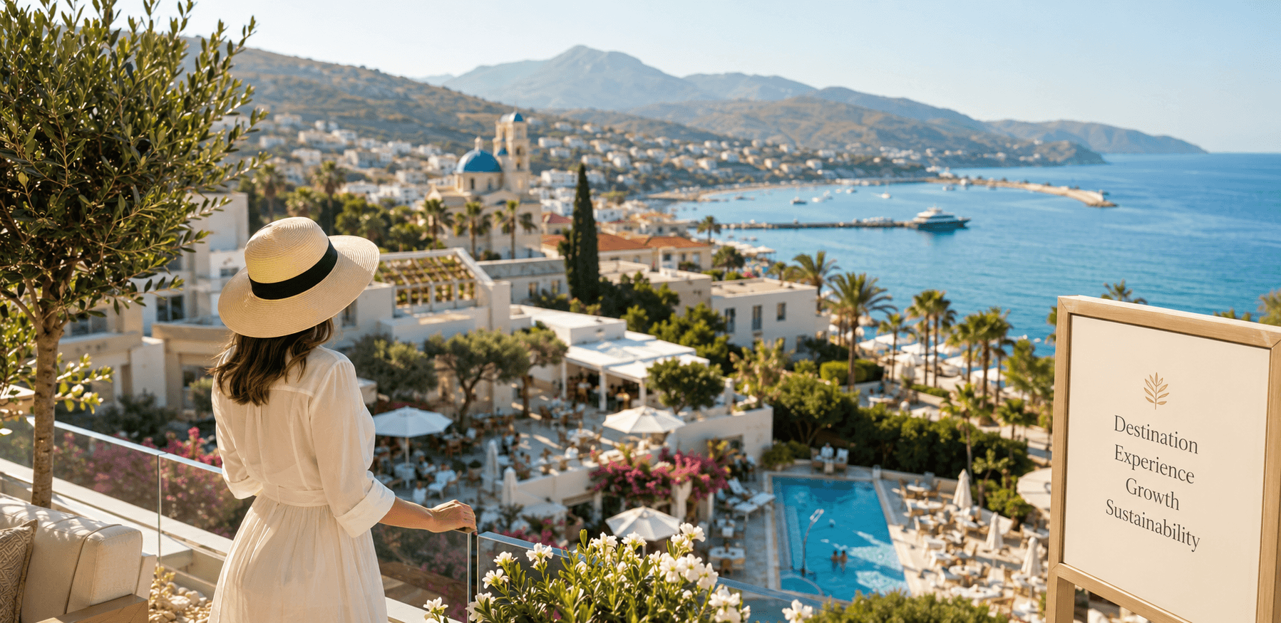 Woman in a white dress and hat overlooking a coastal luxury destination with lots of hotels, pool, nature and a sign about experience & sustainability.