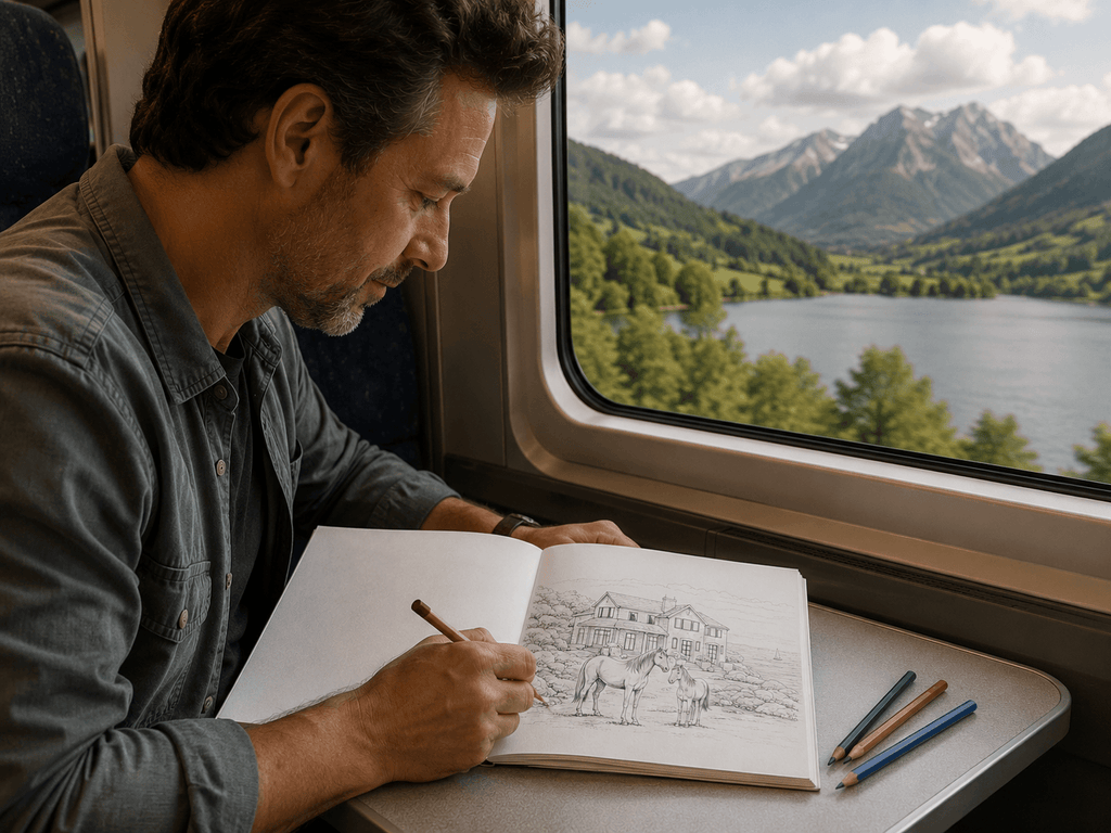 Man drawing in a notebook on a train with a scenic view of mountains and a lake outside the window.
