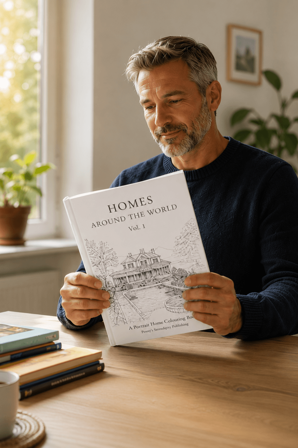 Man holding a book titled 'Homes Around the World ' at a table.ol 1