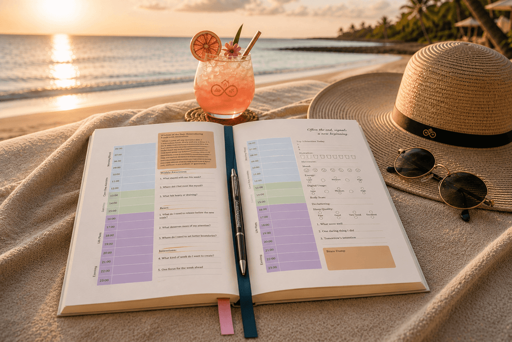 Open book with colorful planning pages on a beach with a cocktail, hat, and sunglasses.