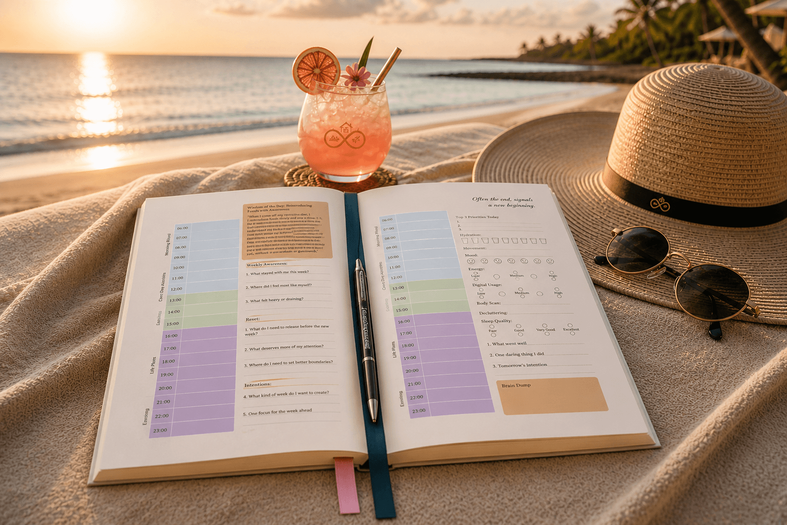 Open book with colorful planning pages on a beach with a cocktail, hat, and sunglasses.