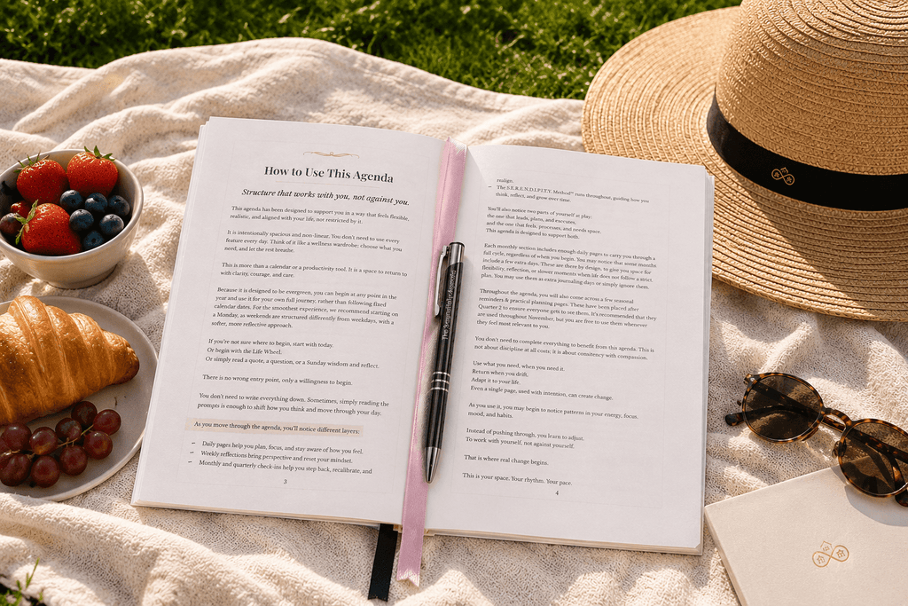 Open book with pen, croissant, and fruit on a picnic blanket outdoors, describing 'How to Use this Agenda'