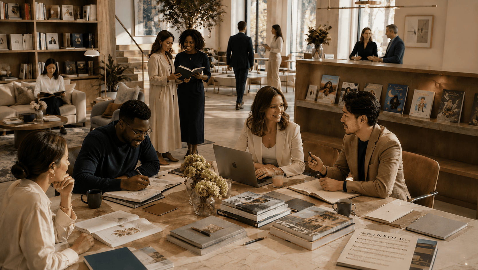 A warm, professionally styled interior scene showing a group of people collaborating around a wooden table with books, notebooks, and an open laptop. In the background, other individuals converse in a spacious, sunlit room with bookshelves and large windows.