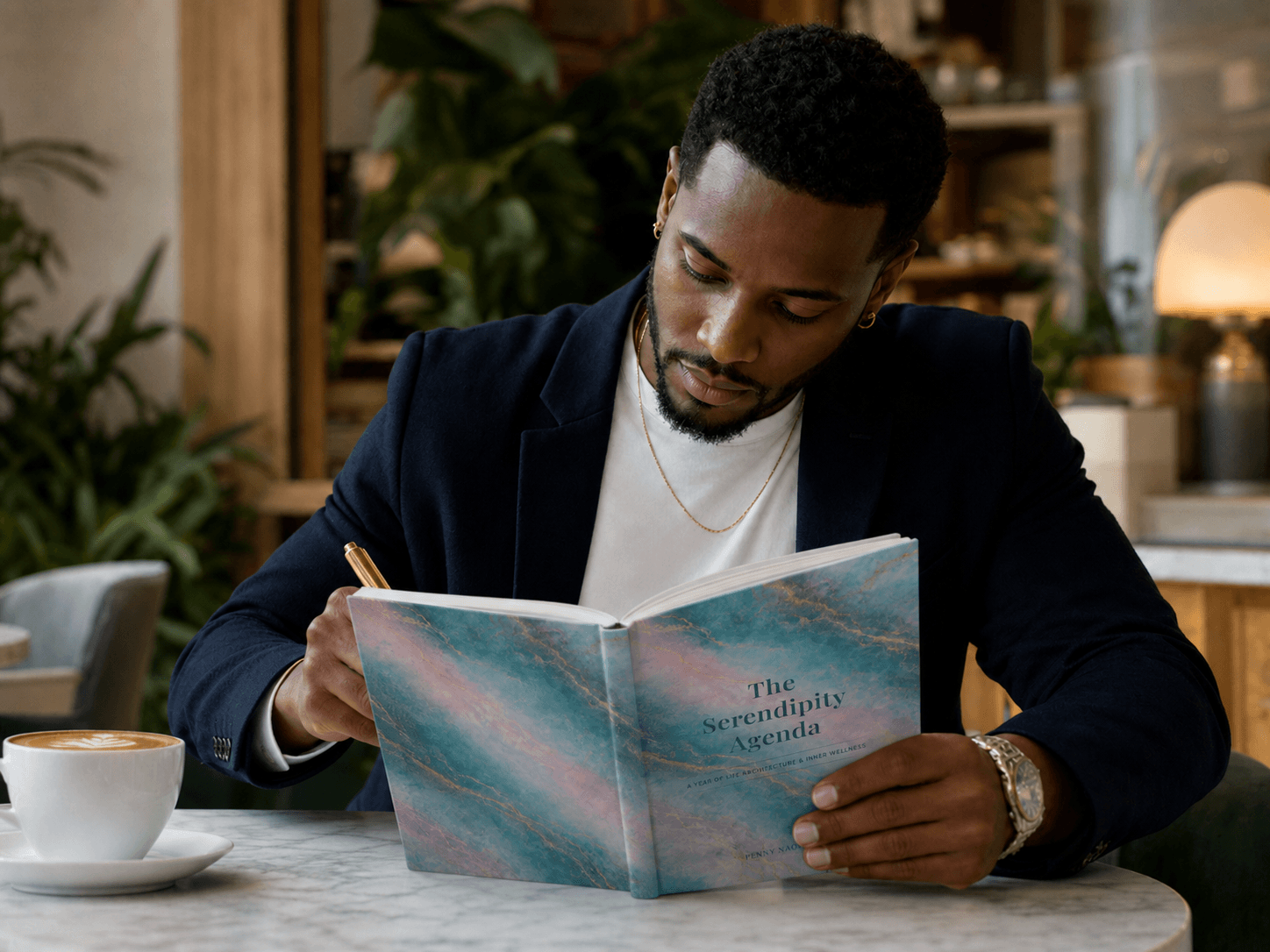 Man reading a book titled 'The Serendipity Agenda' in a cozy cafe setting.