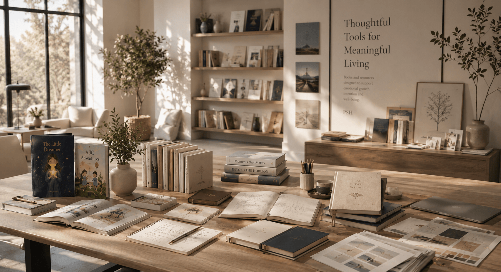 Table with books and decorative items in a publishing studio with shelves and plants