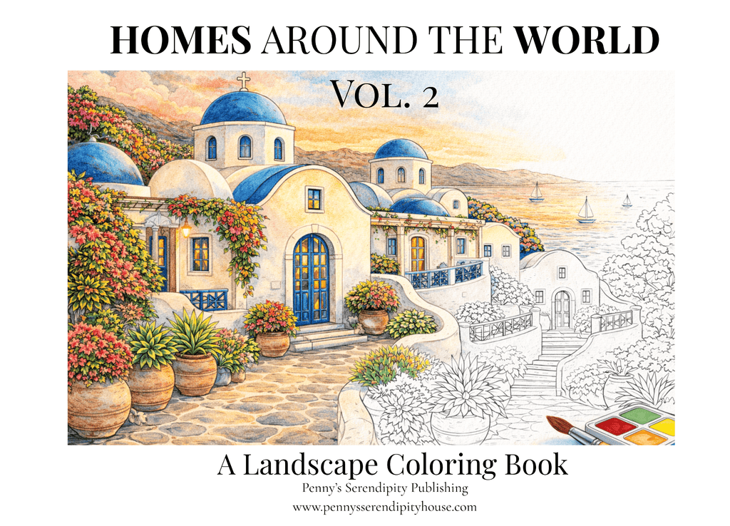 Sample page of 'Homes Around the World Vol. 2' landscape coloring book with a Mediterranean-style house illustration.