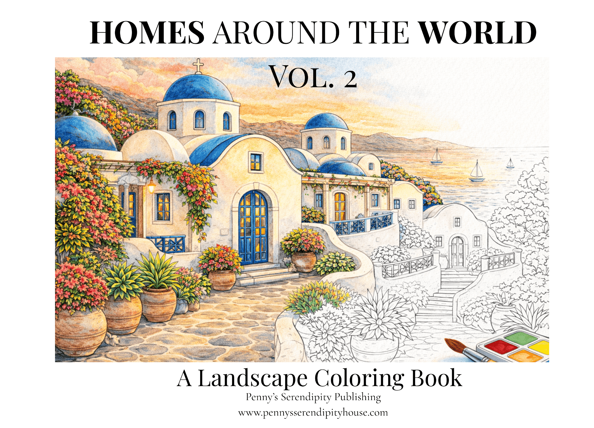 Sample page of 'Homes Around the World Vol. 2' landscape coloring book with a Mediterranean-style house illustration.