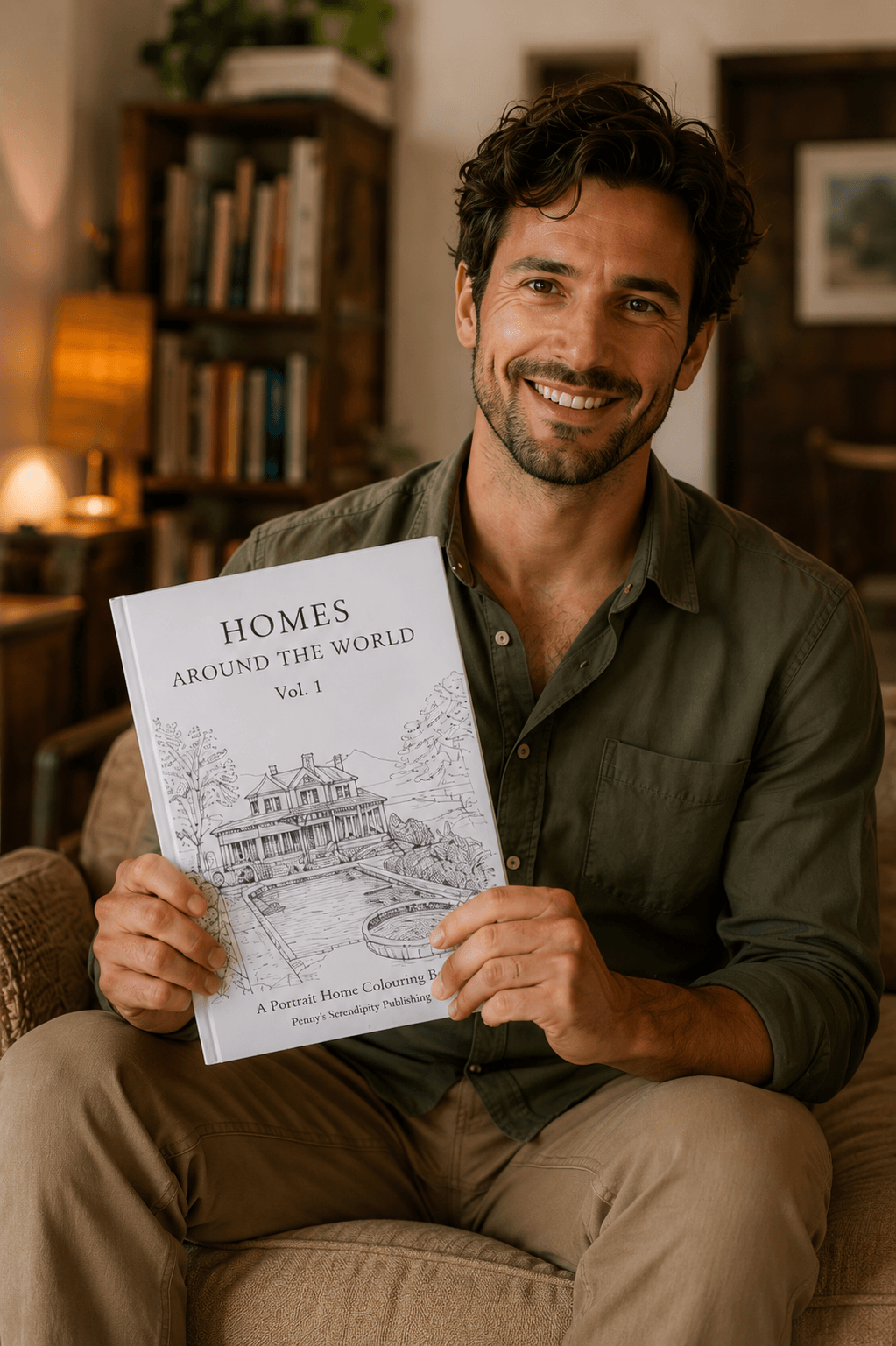 Young man holding a book titled 'Homes Around the World' in a cozy indoor setting.