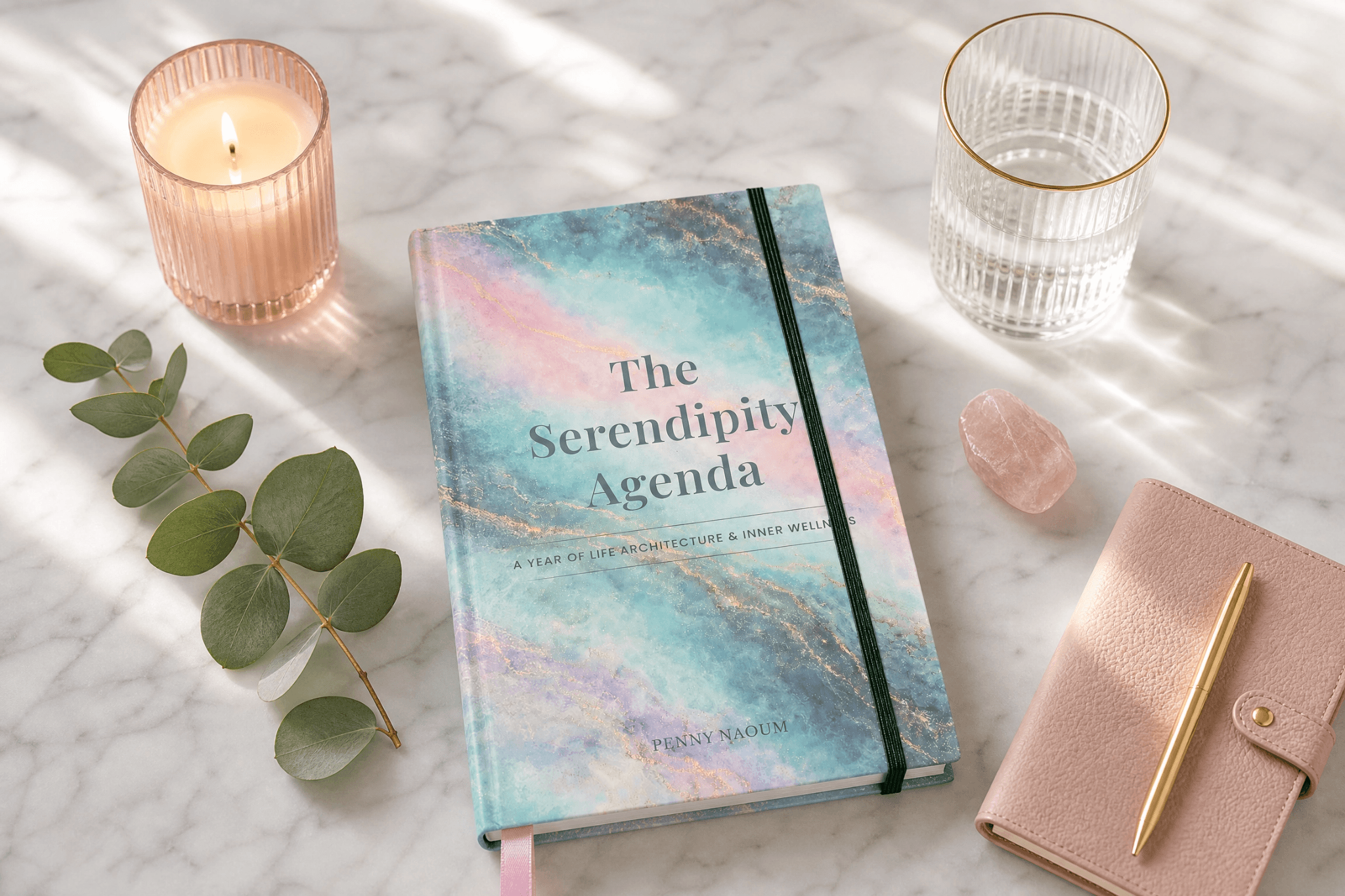 Notebook titled 'The Serendipity Agenda' on a marble surface with a candle, glass, and small notebook.