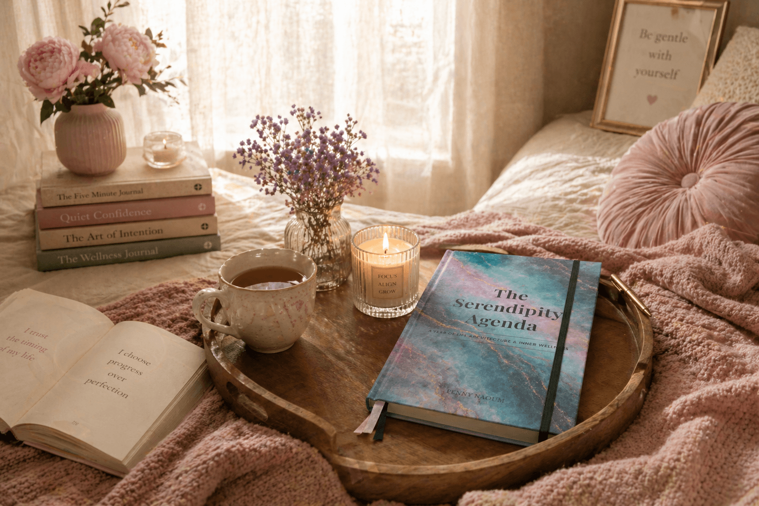 The Serendipity Agenda  book placed beside tea, journals and wellness books in a peaceful bedroom, representing intentional living and personal wellbeing tools.