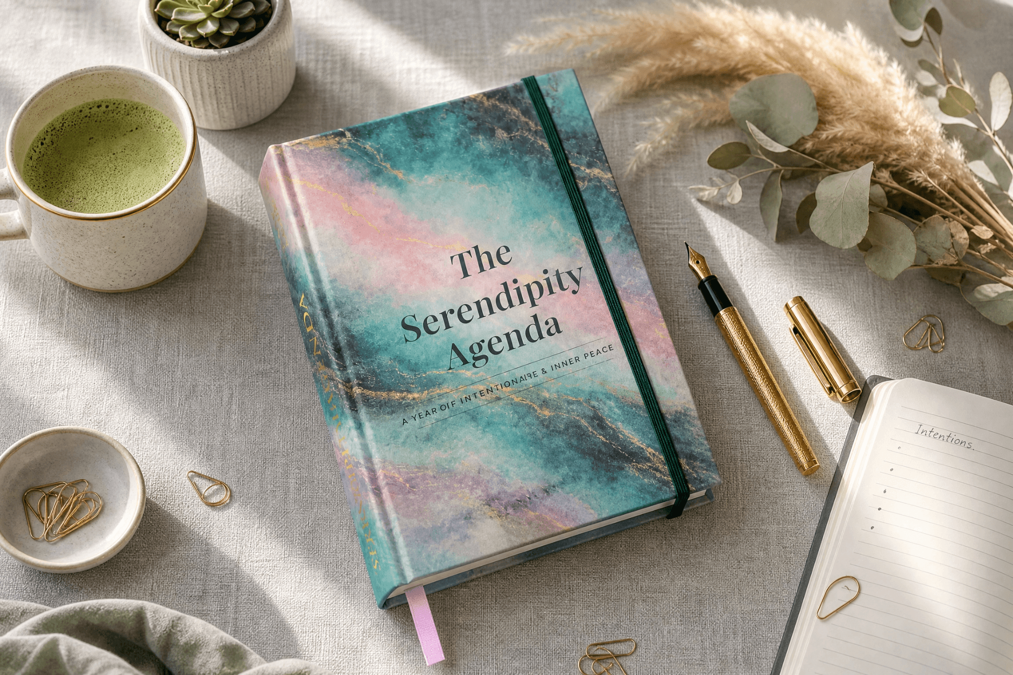 Journal titled 'The Serendipity Agenda' on a table with a mug, pen, and decorative elements.