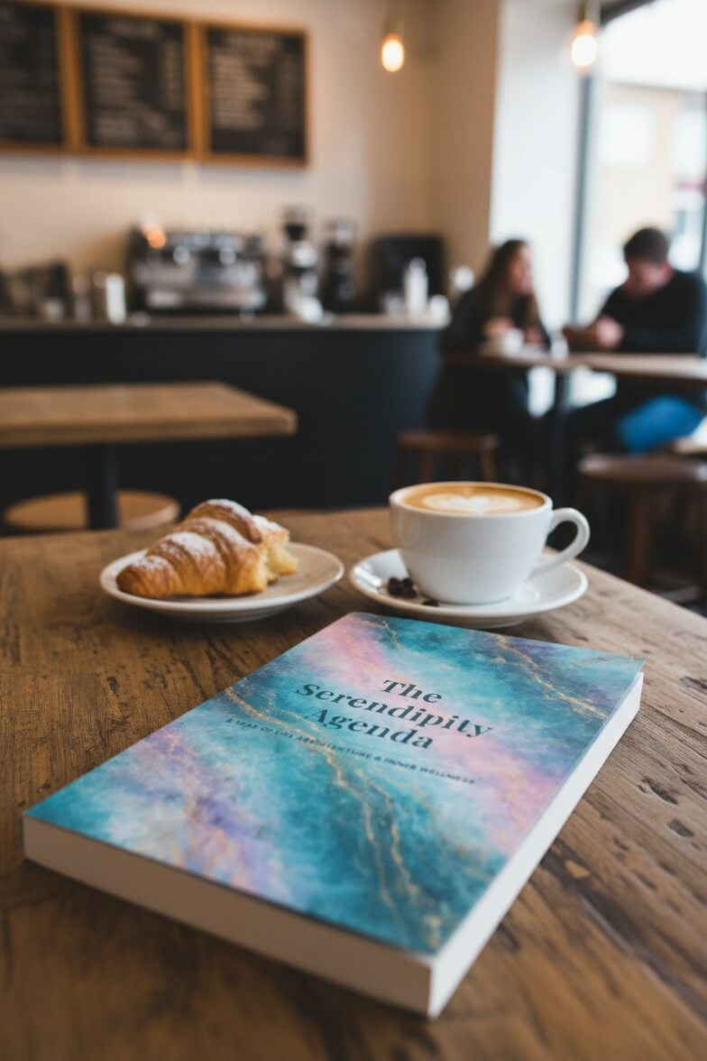 Book titled 'The Serendipity Agenda' on a table with a cup of coffee and pastries in a cafe setting.