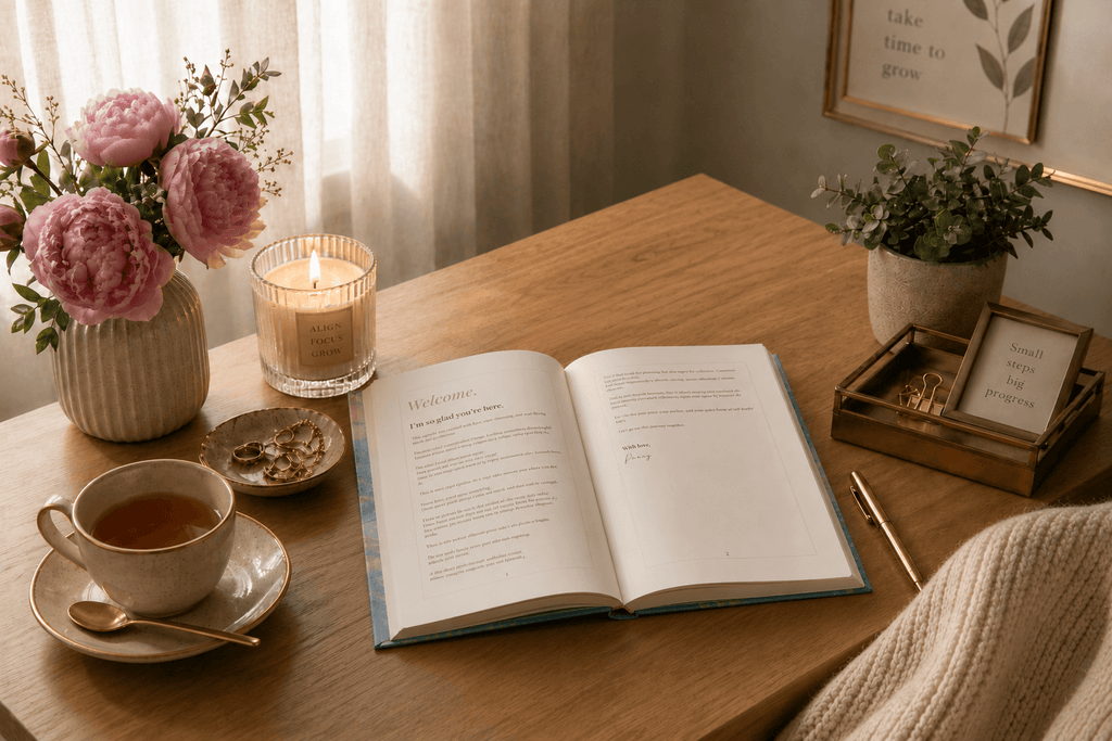 Open book on a wooden table with a cup of tea, candle, and flowers.