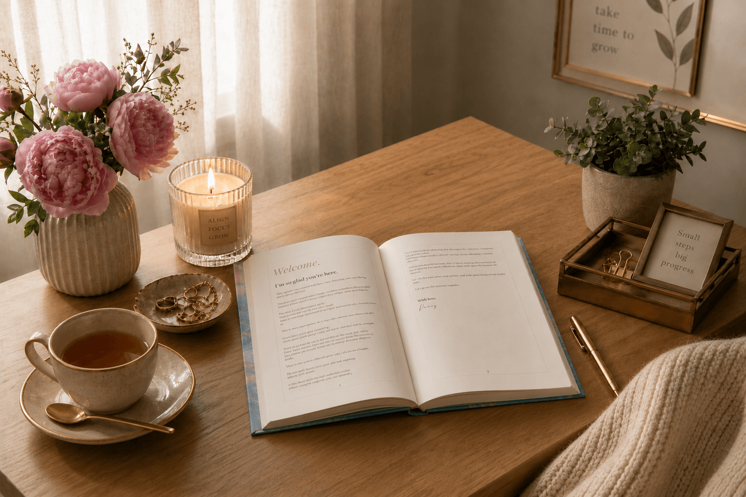 Open book on a wooden table with a cup of tea, candle, and flowers.