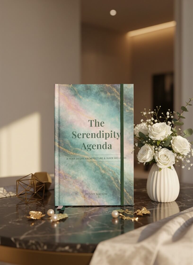 Book titled 'The Serendipity Agenda' on a table with decorative items and flowers.