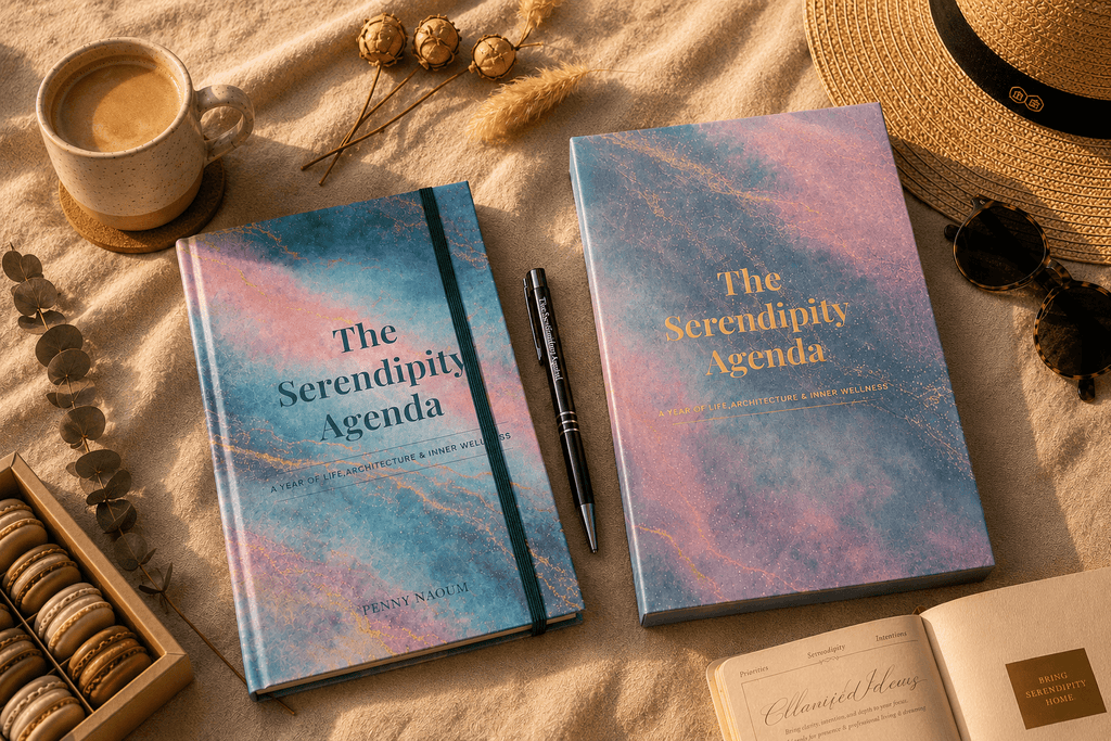  'The Serendipity Agenda' with matching protective sleeve and premium pen, beautifully styled on a cosy blanket with coffee, hat and lifestyle accessories