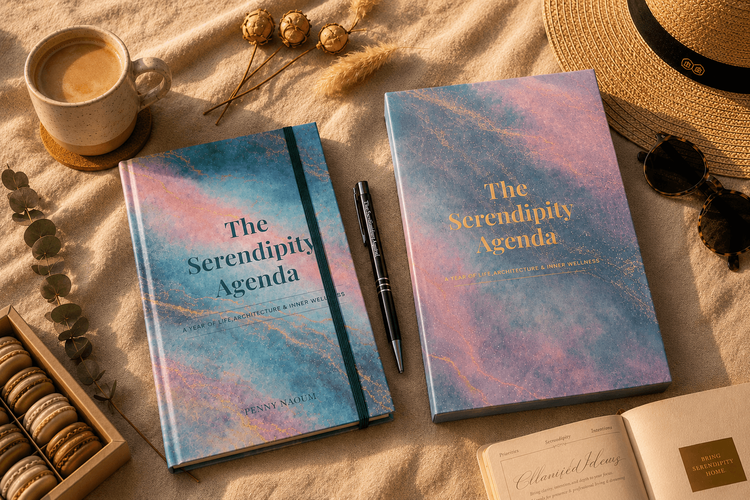  'The Serendipity Agenda' with matching protective sleeve and premium pen, beautifully styled on a cosy blanket with coffee, hat and lifestyle accessories