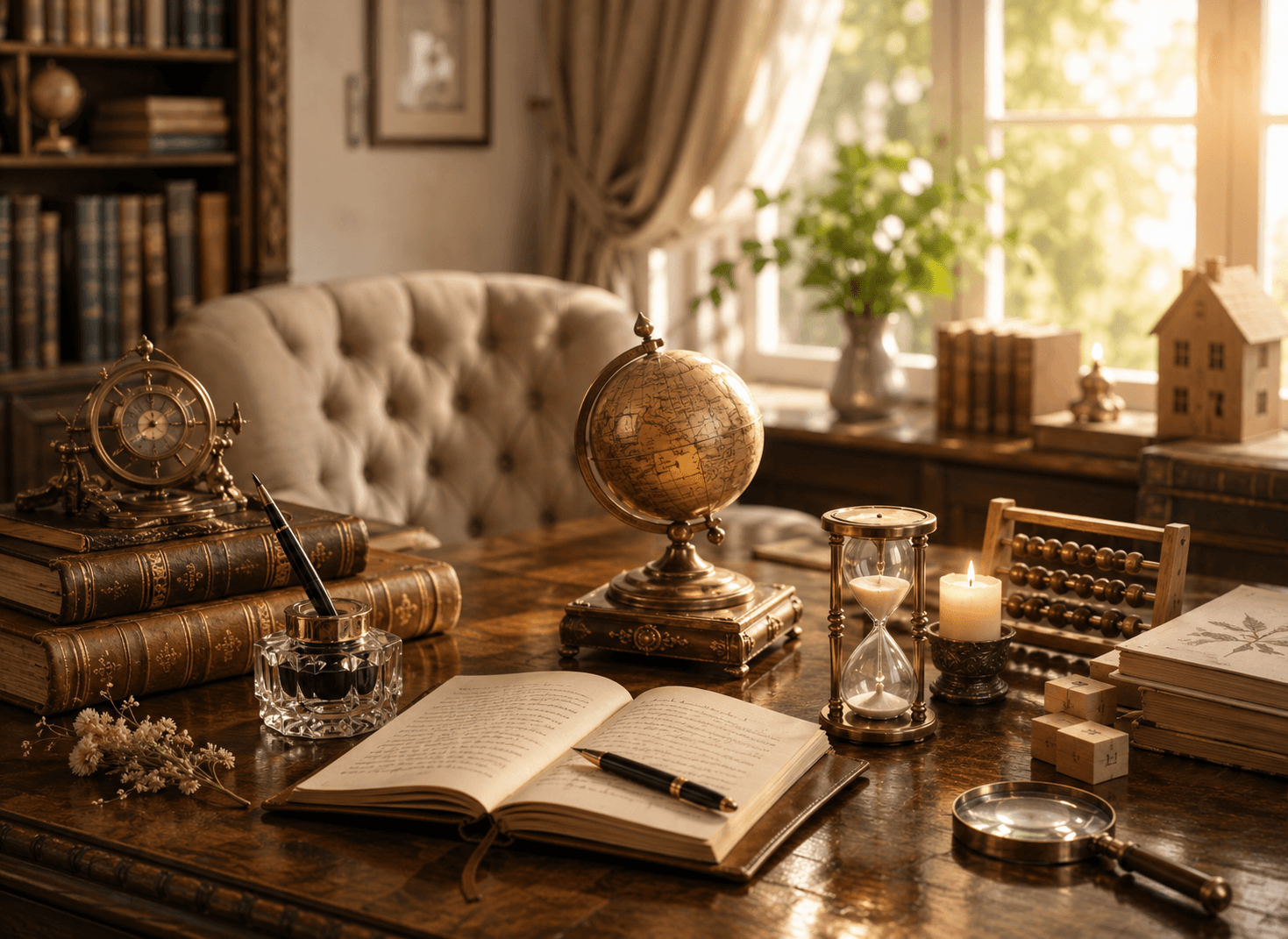 Vintage style desk setup with books, globe, and other items in a cozy room with soft cream, blush and gold colours.