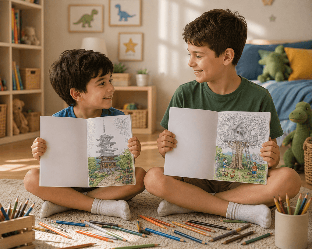 Two young brothers sitting on the floor holding coloring books with their half painted drawings, with colorful pencils around them.