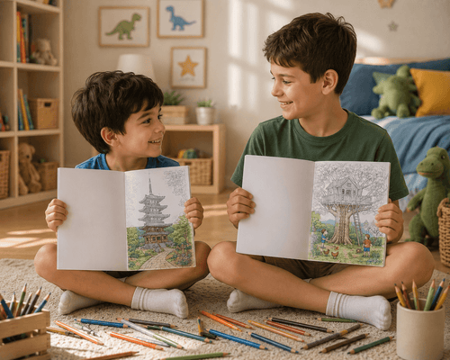 Two young brothers sitting on the floor holding coloring books with their half painted drawings, with colorful pencils around them.