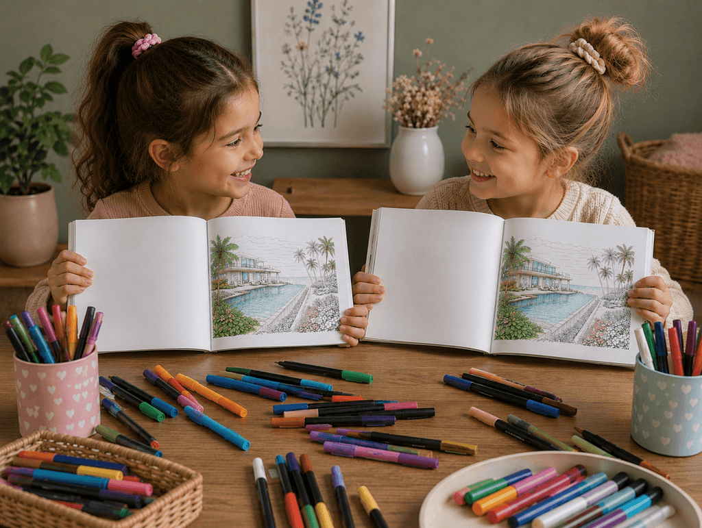 Two little girls holding open books with coloring pages of a pool, surrounded by colorful markers and crayons on a wooden table.