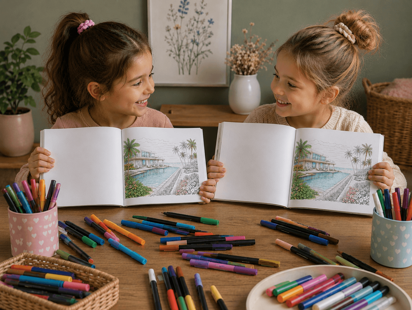 Two little girls holding open books with coloring pages of a pool, surrounded by colorful markers and crayons on a wooden table.