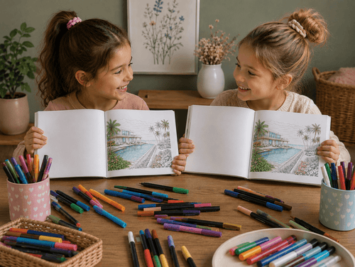 Two little girls holding open books with coloring pages of a pool, surrounded by colorful markers and crayons on a wooden table.