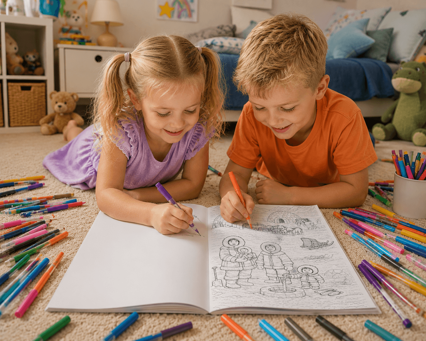 Two blonde & young children coloring in a book with colorful crayons on a carpeted floor.
