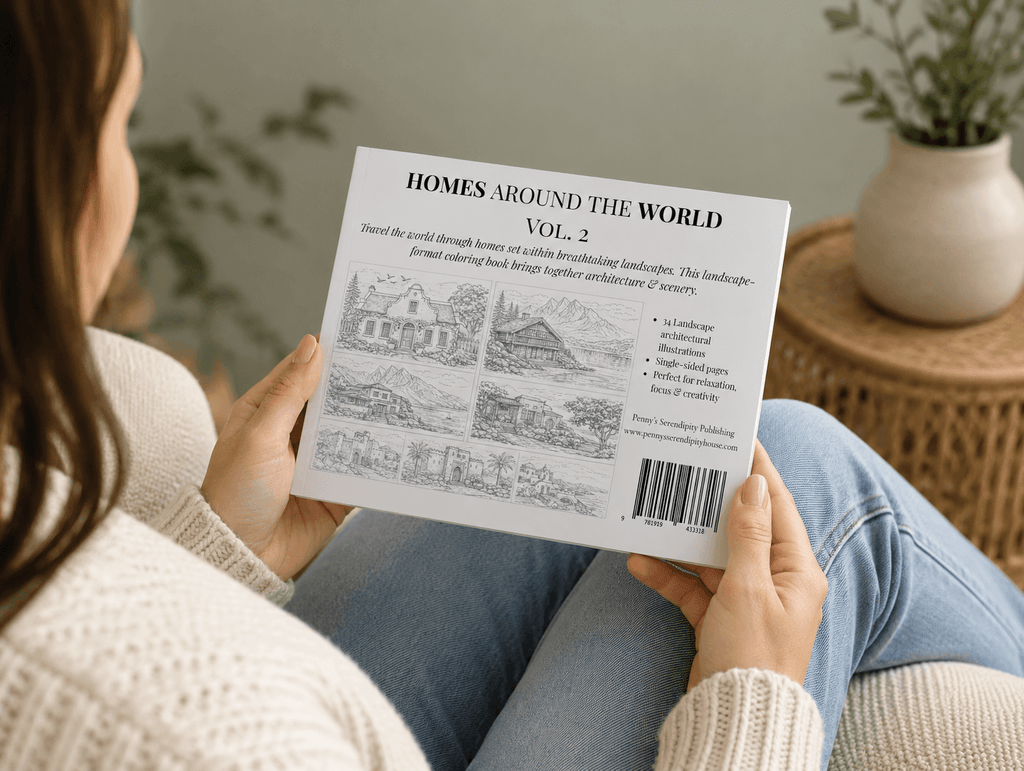 Woman holding a compact coloring  book showing the back cover, titled 'Homes Around the World Vol. 2' in a home setting.