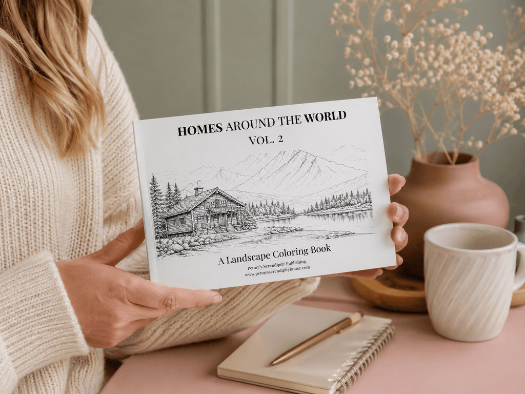 Woman holding a small landscape coloring book titled 'Homes Around the World Vol. 2' with a cup and notebook in the background.